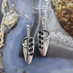 Sterling Silver Southwestern Style 4 Onyx Dots Feather Dangle Earrings For Women